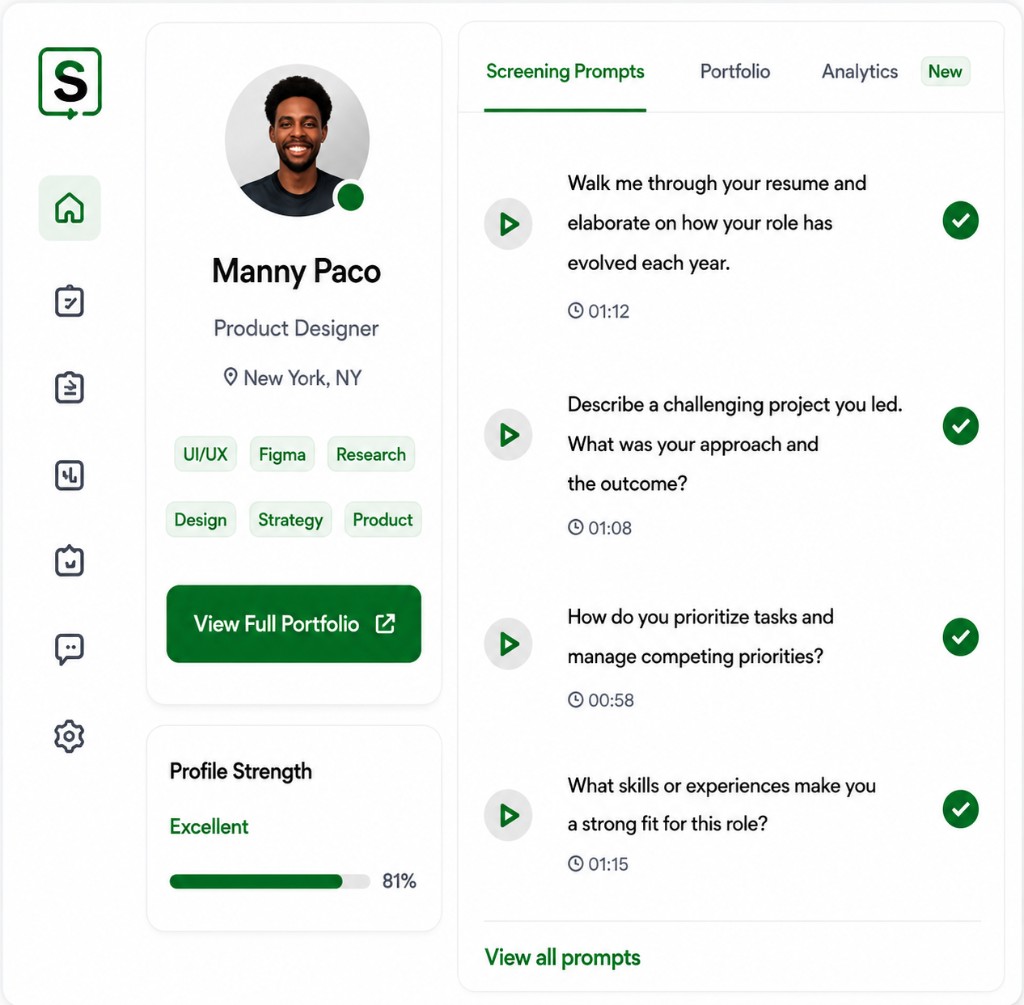 SkipScreen candidate profile with screening prompts